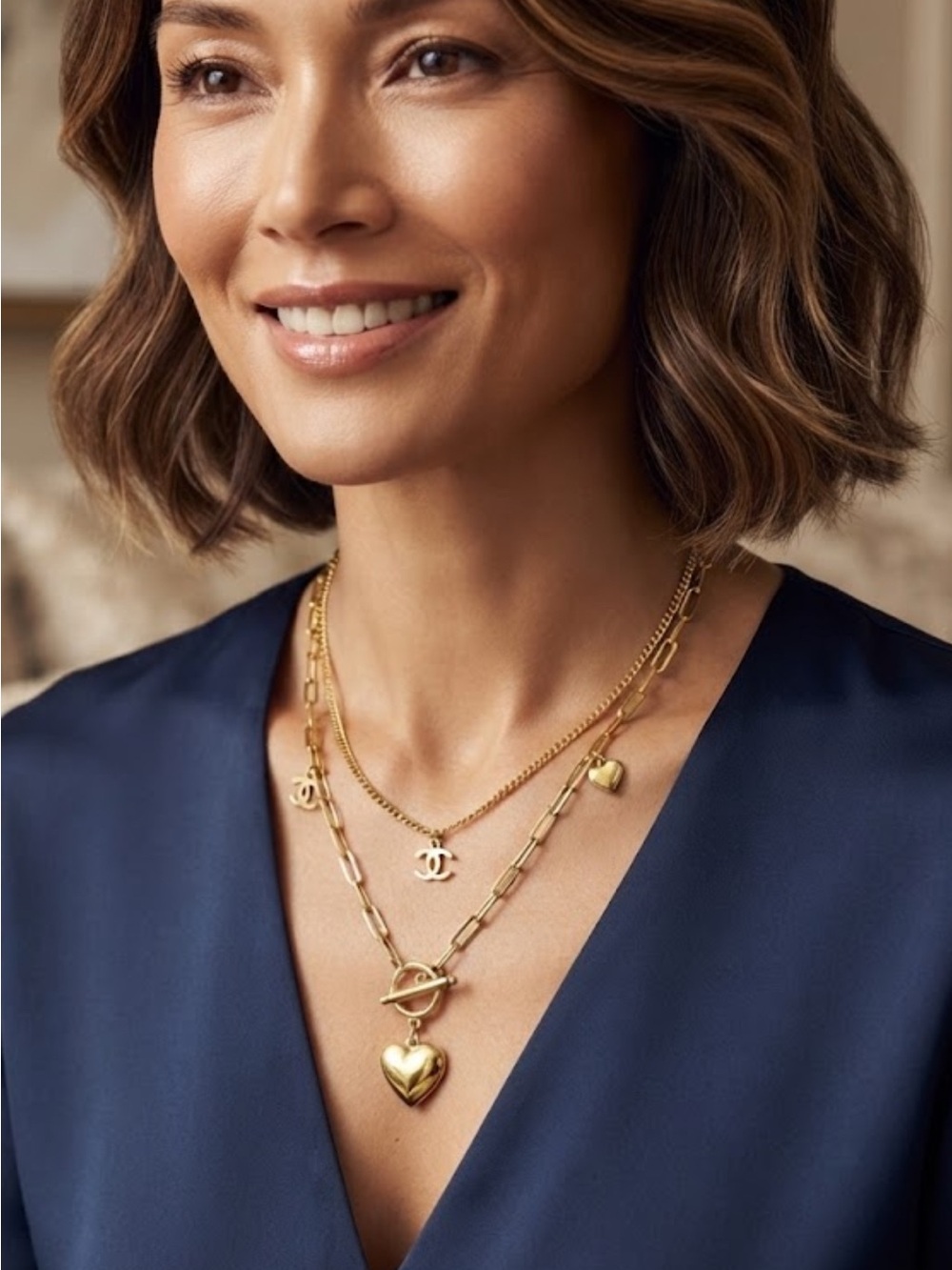 Brand New Stainless Steal 2 piece Gold-Tone Layered Heart & CC Charm Necklace
